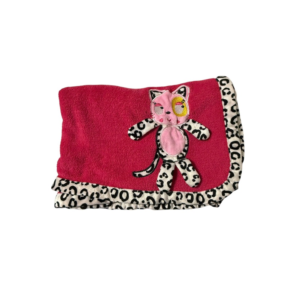 Nuby Dark Pink Baby Blanket White Black‎ Animal Print Border 3D Cat Leopard 2014